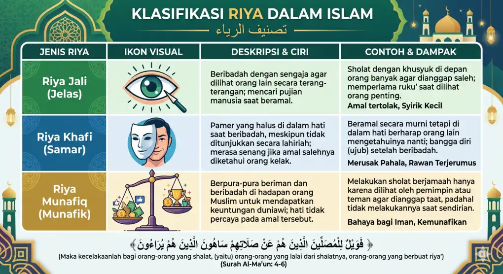 Panduan visual infografis yang merinci tiga klasifikasi utama penyakit riya dalam Islam, mencakup riya jali (terang-terangan), riya khafi (terselubung dalam hati), dan riya tingkat munafik.