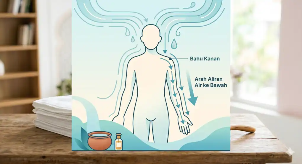 Sunnah-Sunnah Mandi Wajib Sesuai Anjuran Nabi: Panduan Tata Cara yang Benar 3 Infografis vektor bersih yang mengilustrasikan tata cara mandi wajib (ghusl) dengan penekanan pada bagian kanan tubuh.
