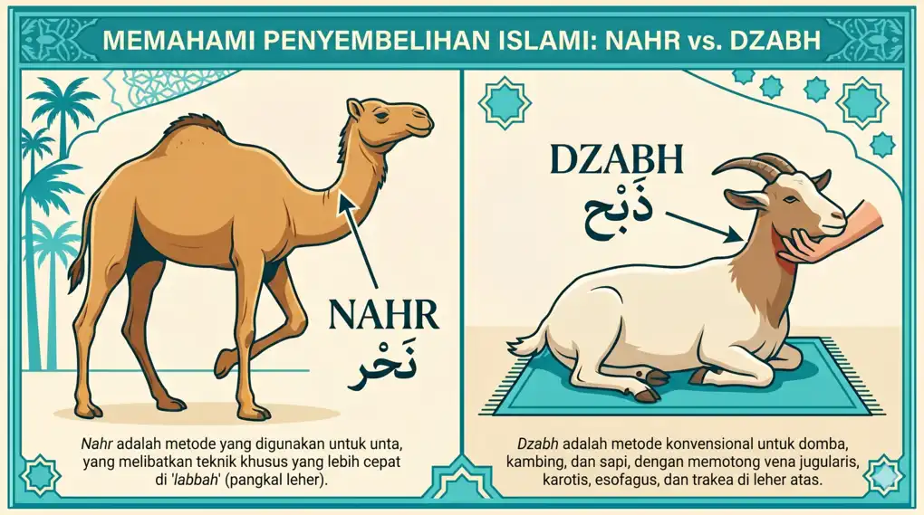 Infografis perbandingan teknik nahr untuk unta dan dzabh untuk sapi dan kambing dalam fikih madzhab Syafi'i