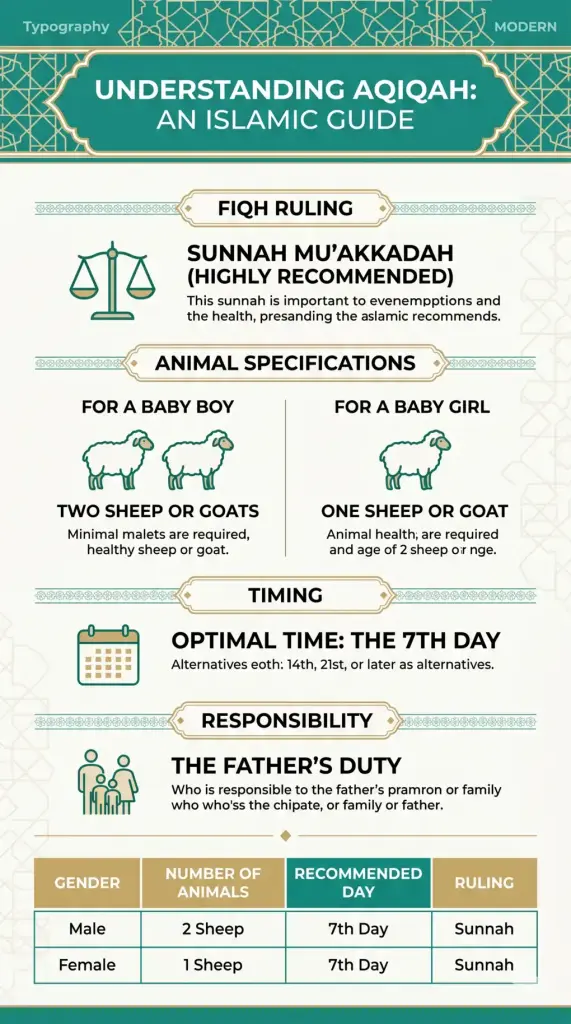 Infographic guide to aqiqah according to the Shafi'i madhhab: ruling, number of goats, 7th-day timing, and the sequence of sunnahs.