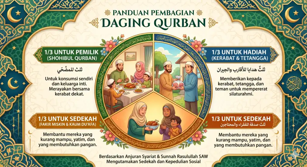 Panduan visual pembagian daging qurban dalam tiga jalur distribusi menurut madzhab Syafi'i