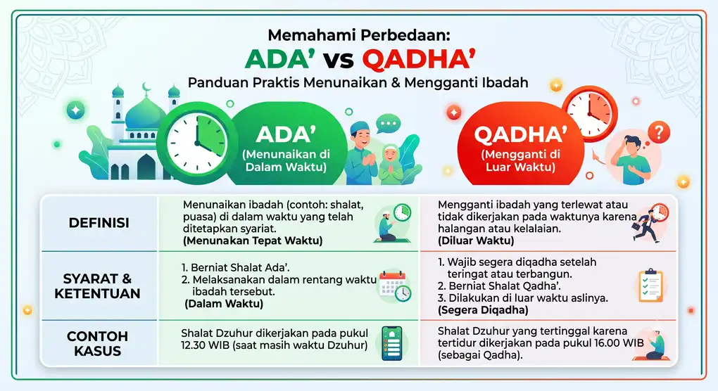 Apa Perbedaan Shalat Ada' dan Qadha? Penjelasan Lengkap Madzhab Syafi'i 2 Infografis perbedaan shalat ada' dan qadha: definisi, syarat, dan contoh kasus menurut madzhab Syafi'i