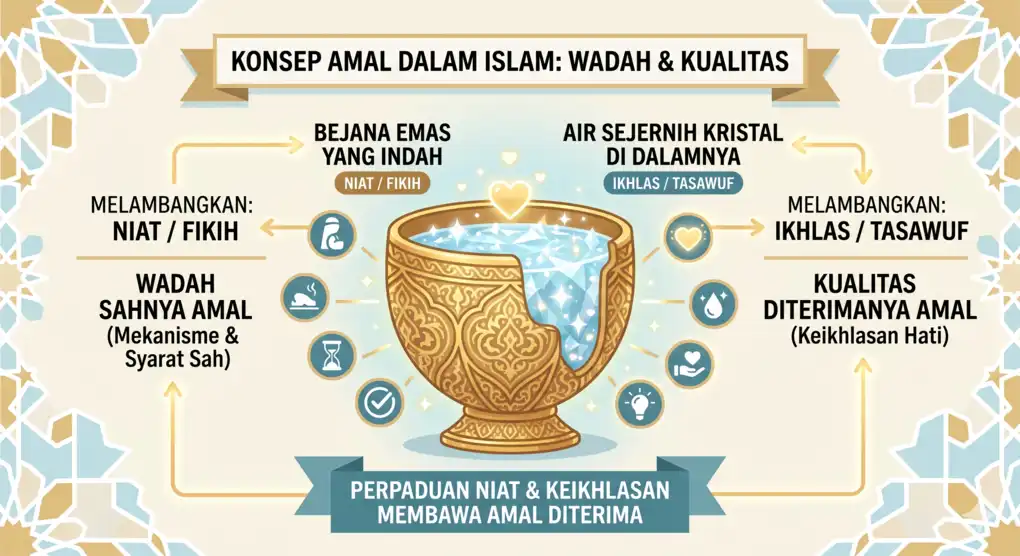 Infografis piktogram yang mengkomparasikan hubungan antara niat (syarat sah fikih) yang disimbolkan sebagai bejana emas, dan ikhlas (kualitas spiritual tasawuf) yang disimbolkan sebagai air kristal yang jernih di dalamnya.