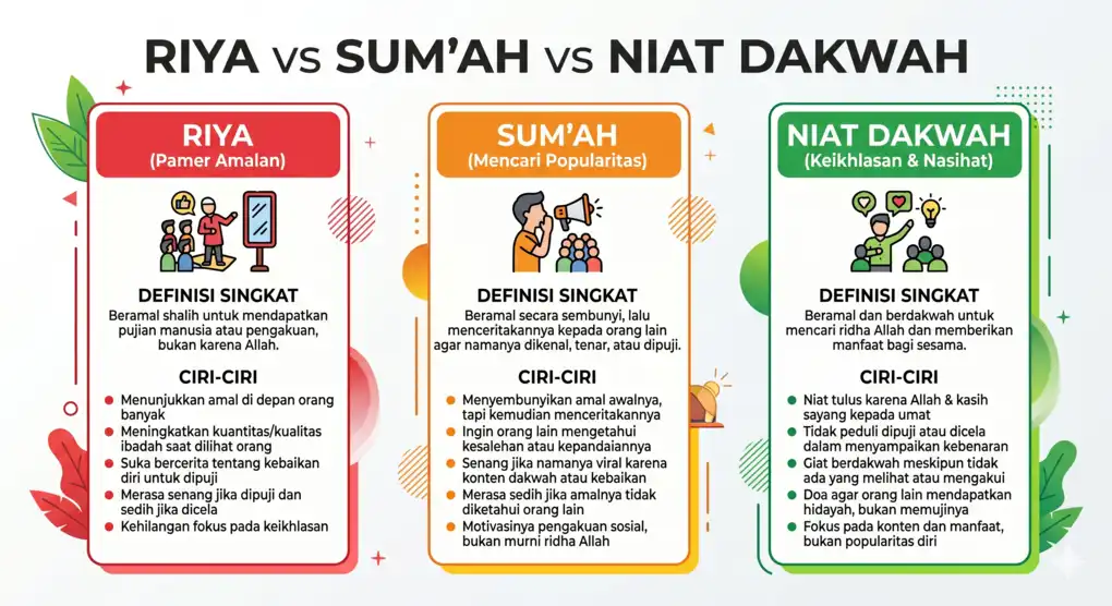 Infografis perbedaan riya sum'ah dan niat dakwah dalam ibadah