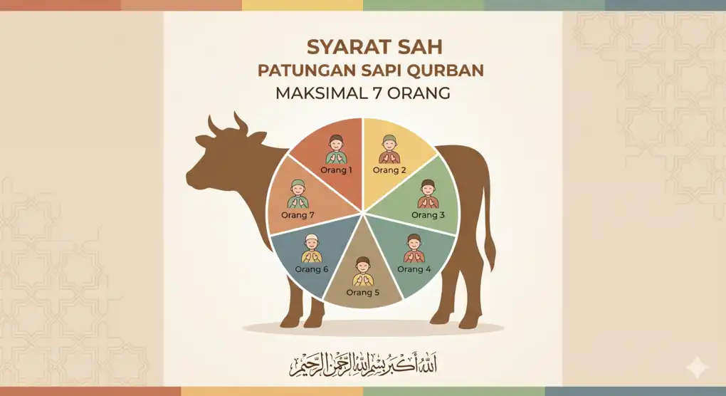 Patungan Qurban Sapi 7 Orang & Satu Kambing untuk Sekeluarga 2 Visualisasi diagram melingkar di atas siluet sapi yang menunjukkan pembagian kuota maksimal 7 orang untuk kurban sapi menurut fikih madzhab Syafi'i.