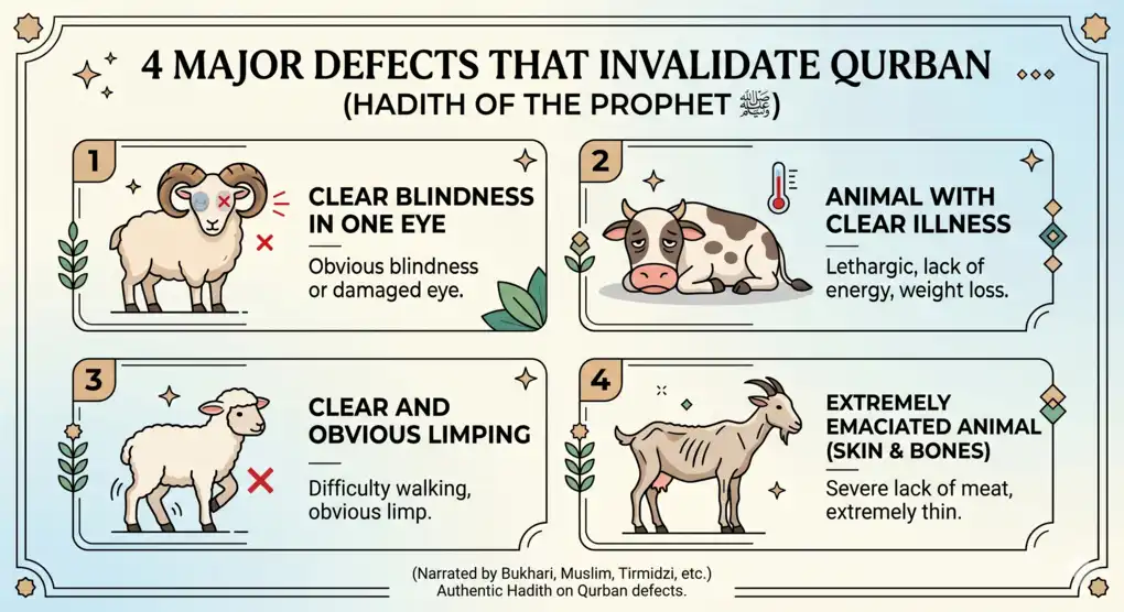 Unacceptable and Acceptable Defects in Qurban Animals 2 Educational infographic detailing the four physical animal defects strictly forbidden for udhiyah based on the authentic hadith of Prophet Muhammad ﷺ.