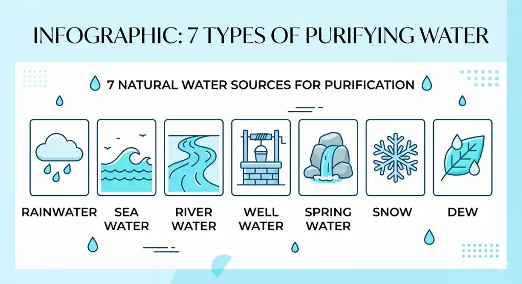 Thaharah: Complete Purification Guide According to Shafi'i Fiqh 3 Minimalist light blue infographic design explaining the 7 sources of pure and purifying water (absolute water) for thaharah purposes: rainwater, sea water, river water, well water, spring water, snow, and dew.