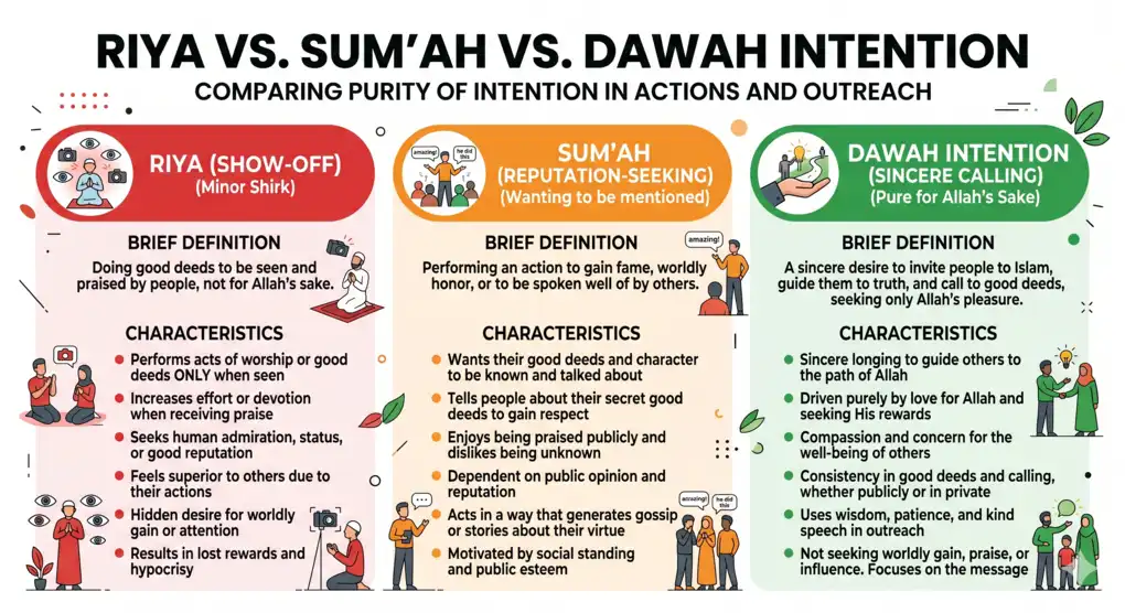 Infographic showing the difference between riya, sum'ah, and dawah intention in worship