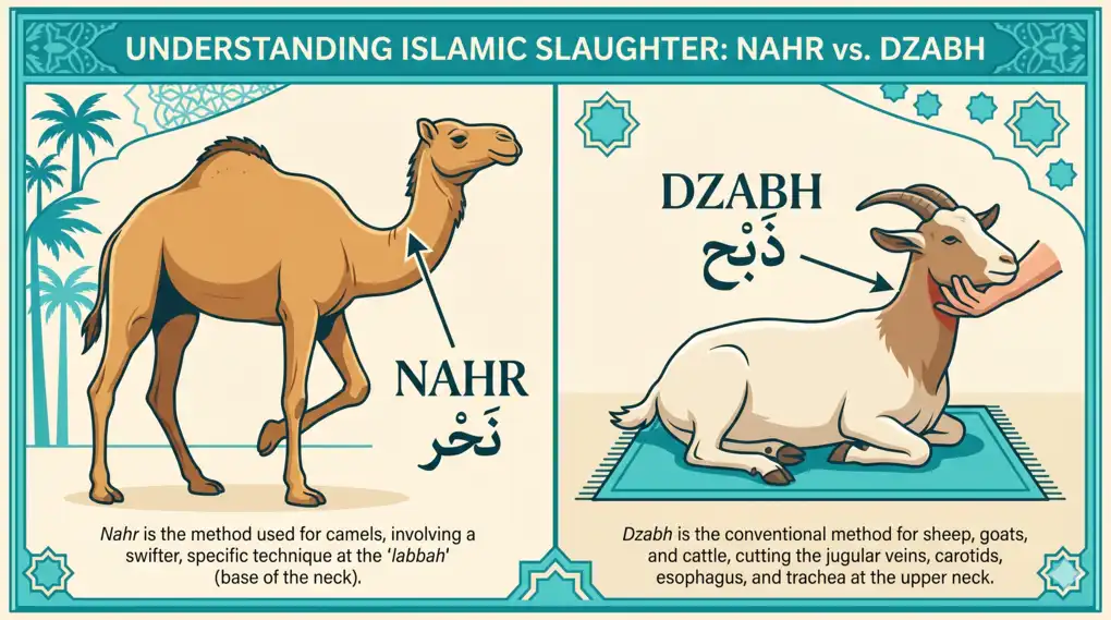 Educational infographic showing the difference between Nahr for camels and Dzabh for goats and cattle in Islamic jurisprudence.