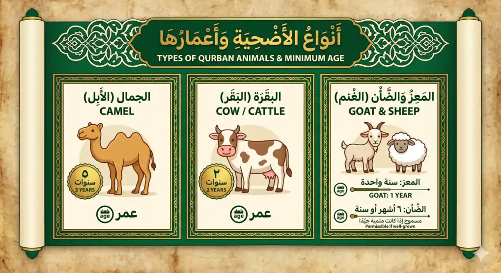 An infographic detailing the three valid types of animals for qurban and their minimum age limits according to the Shafi'i school.