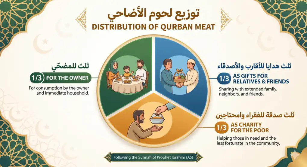 A visual guide illustrating the distribution of qurban meat across three channels according to the Shafi'i school.