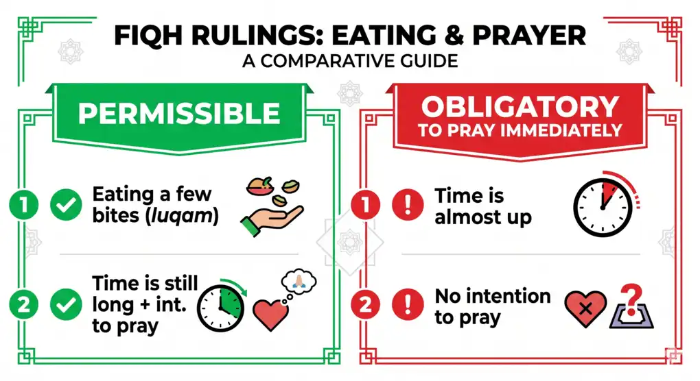 Infographic on the ruling of delaying prayer to eat according to the Shafi'i School.