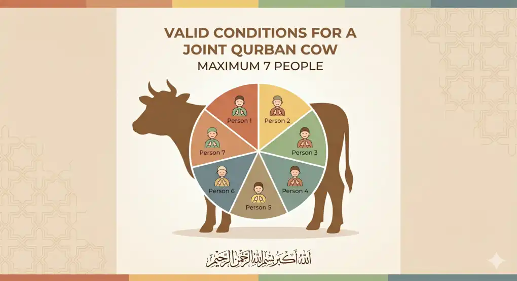 The Islamic Ruling on Joint Qurban: 7 People Sharing a Cow & One Goat for a Family 2 A circular pie-chart infographic layered over a cow silhouette illustrating the maximum quota of 7 shares for a cow sacrifice based on Islamic jurisprudence