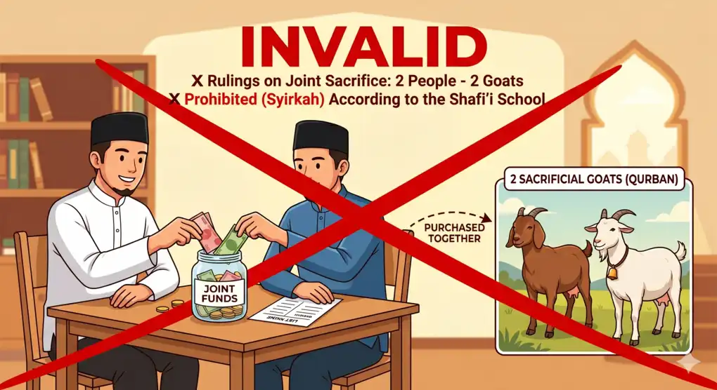 The Islamic Ruling on Joint Qurban: 7 People Sharing a Cow & One Goat for a Family 4 An educational graphic explaining the invalidity of mixed ownership (shirkah) when two people jointly fund two individual goats for qurban under Shafi'i school rules.