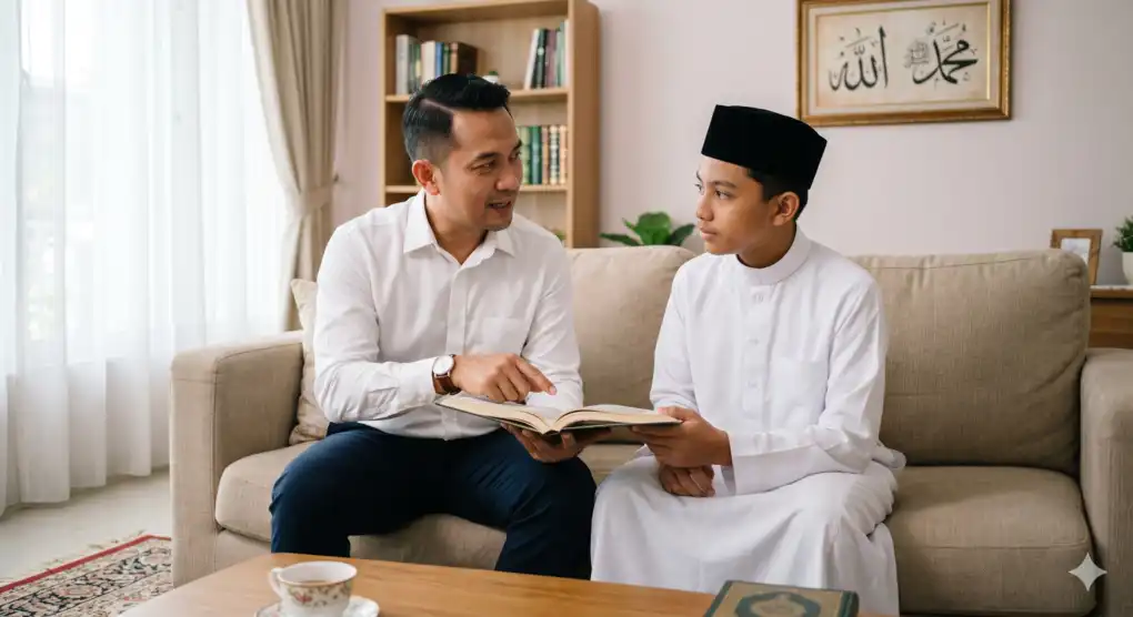 Reaching Puberty in the Middle of Prayer Time: Is Immediate Prayer Obligatory? 3 Rear or side view image of a neatly dressed Muslim youth in a deep prostration position on a prayer mat inside a mosque, with soft lighting highlighting his figure