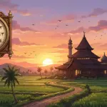 Classic analog clock in Islamic style in the foreground with a silhouette of a view of a traditional Indonesian mosque in the countryside at dusk.
