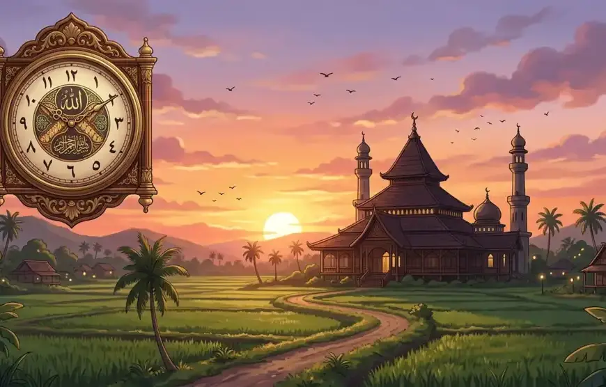 Classic analog clock in Islamic style in the foreground with a silhouette of a view of a traditional Indonesian mosque in the countryside at dusk.