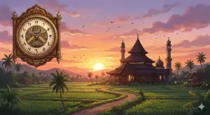 Kajian Fiqh Madzhab Syafi'i: Panduan Lengkap Hukum Islam, Doa, dan Tasawuf 5 Jam analog klasik bergaya Islami di latar depan dengan siluet pemandangan masjid tradisional Nusantara di pedesaan saat senja.