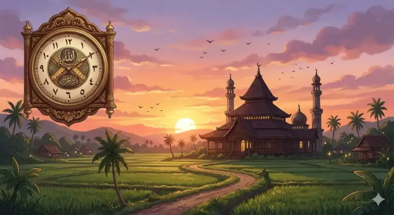 Jam analog klasik bergaya Islami di latar depan dengan siluet pemandangan masjid tradisional Nusantara di pedesaan saat senja.