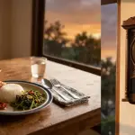 Jam dinding waktu Maghrib di samping piring makan di meja kayu — ilustrasi pertanyaan shalat dulu atau makan dulu