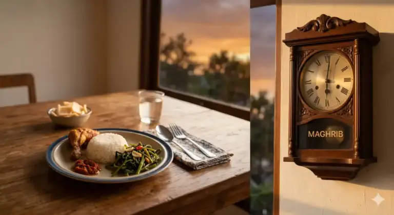 Jam dinding waktu Maghrib di samping piring makan di meja kayu — ilustrasi pertanyaan shalat dulu atau makan dulu