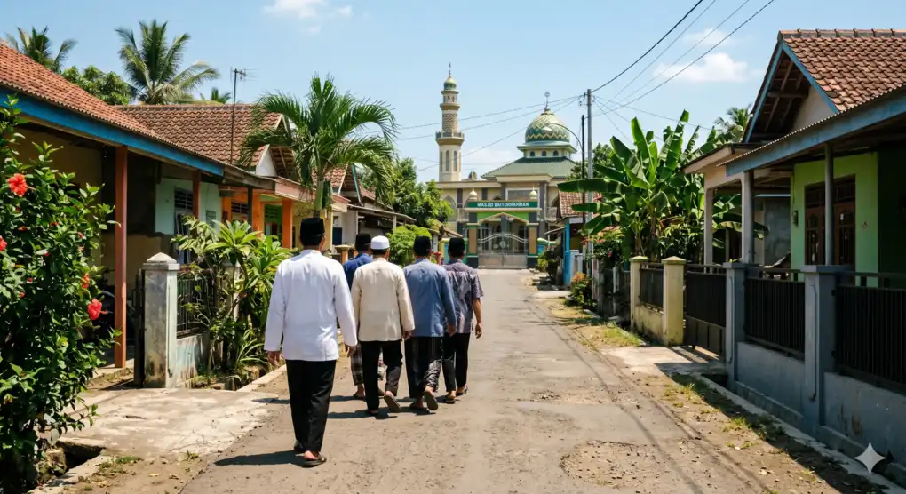 Hukum Ibrad: Menunda Shalat Dzuhur saat Cuaca Terik, Sunnah atau Bukan? 4 Jamaah pria Muslim berjalan menuju masjid di bawah terik matahari — kondisi yang menjadi dasar anjuran ibrad