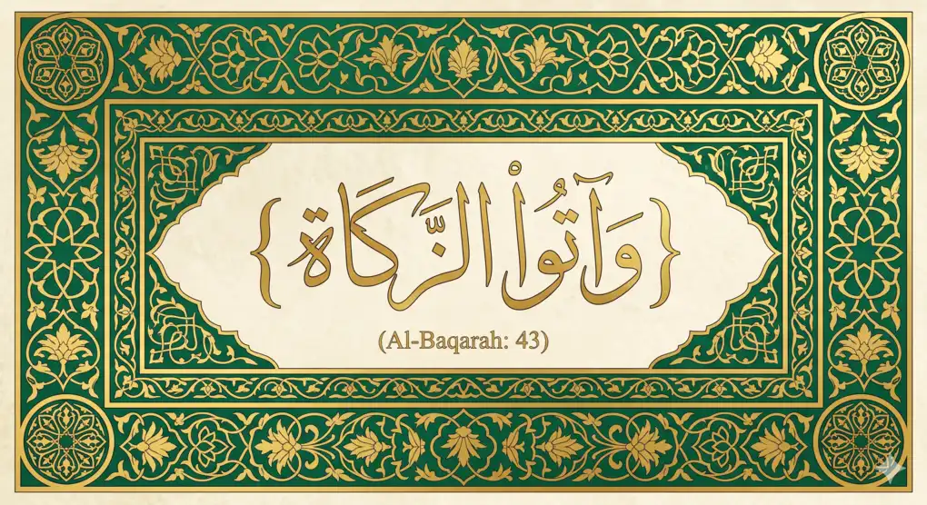 Dalil Kewajiban Zakat dari Al-Qur'an dan Hadis dalam Fikih Syafi'i 2 Kaligrafi Arab ayat Al-Qur'an Surat Al-Baqarah ayat 43 tentang perintah menunaikan zakat dengan bingkai hijau dan emas.