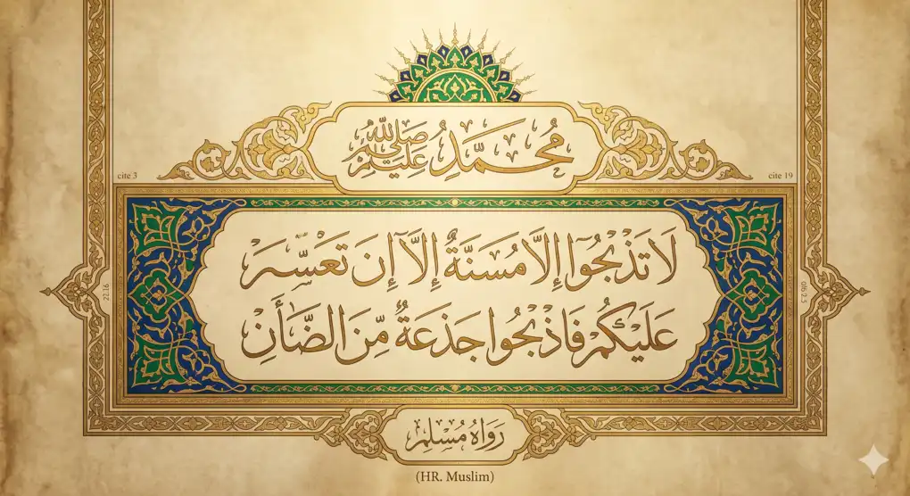 Syarat Hewan Qurban: Jenis & Umur Minimal Menurut Madzhab Syafi'i 4 Seni kaligrafi nama Nabi Muhammad dengan kutipan teks hadits riwayat Muslim tentang keutamaan menyembelih hewan qurban musinnah.