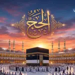 Ilustrasi kaligrafi Arab bertuliskan "Al-Hajj" dengan latar langit senja di atas Ka'bah