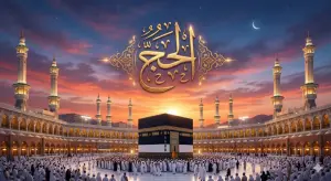 Ilustrasi kaligrafi Arab bertuliskan "Al-Hajj" dengan latar langit senja di atas Ka'bah