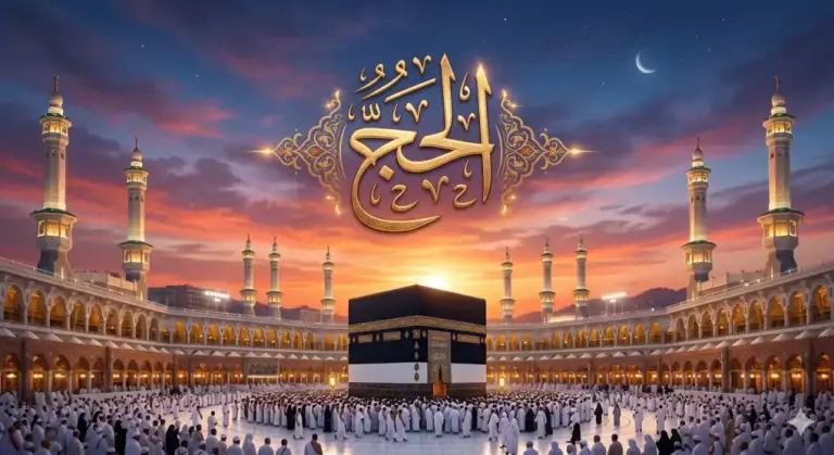 Ilustrasi kaligrafi Arab bertuliskan "Al-Hajj" dengan latar langit senja di atas Ka'bah