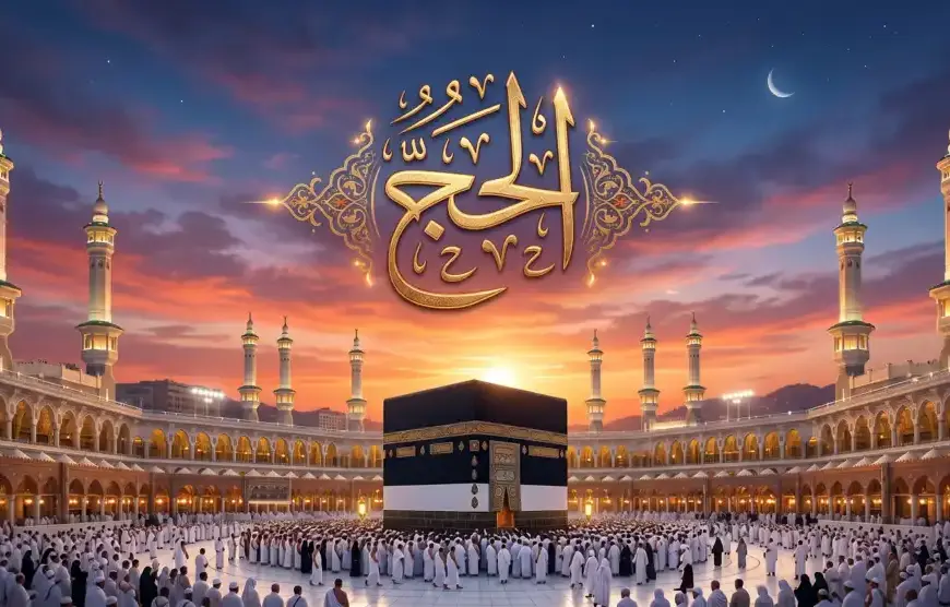 Ilustrasi kaligrafi Arab bertuliskan "Al-Hajj" dengan latar langit senja di atas Ka'bah