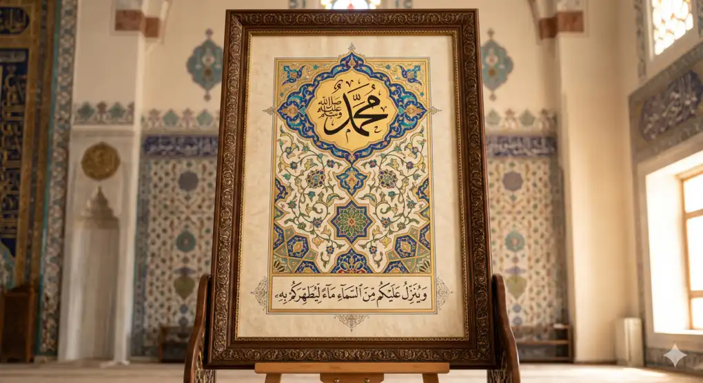 Karya seni kaligrafi Islami yang menampilkan nama Nabi Muhammad ﷺ dihiasi ornamen floral murni, dipadukan dengan dalil Al-Qur'an terkait perintah bersuci menggunakan air mutlak.