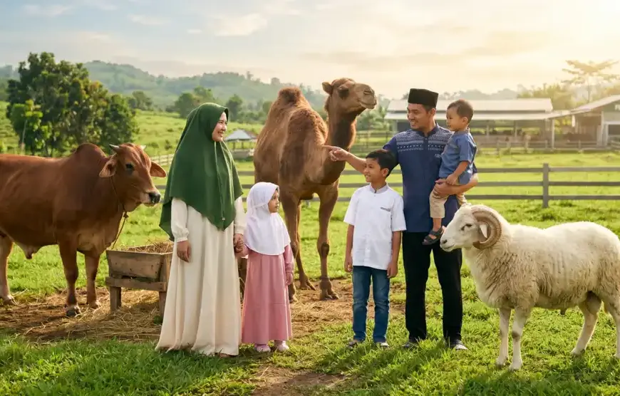 A cinematic illustration showing a Muslim family reviewing Qurban animals (cow, camel, and sheep) on a farm, representing the eligibility of livestock for sacrifice.