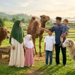 Ilustrasi bernuansa sinematik yang menampilkan keluarga Muslim sedang meninjau hewan qurban (sapi, unta, dan domba) di peternakan, merepresentasikan kelayakan hewan ternak untuk ibadah.