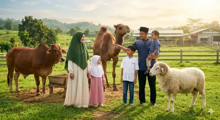Ilustrasi bernuansa sinematik yang menampilkan keluarga Muslim sedang meninjau hewan qurban (sapi, unta, dan domba) di peternakan, merepresentasikan kelayakan hewan ternak untuk ibadah.