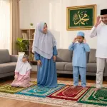 Kapan anak kecil diperintah dan dipukul karena shalat? Keluarga Muslim mengajarkan gerakan shalat kepada anak laki-laki dan perempuan di rumah.