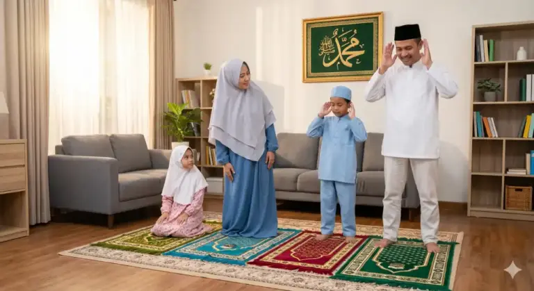 Keluarga Muslim mengajarkan gerakan shalat kepada anak laki-laki dan perempuan di rumah.