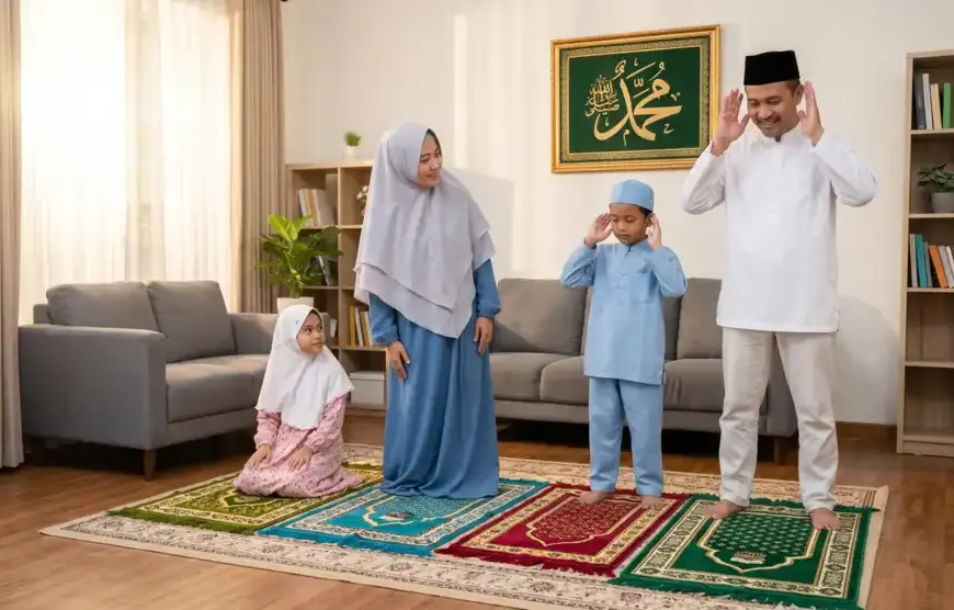 Keluarga Muslim mengajarkan gerakan shalat kepada anak laki-laki dan perempuan di rumah.