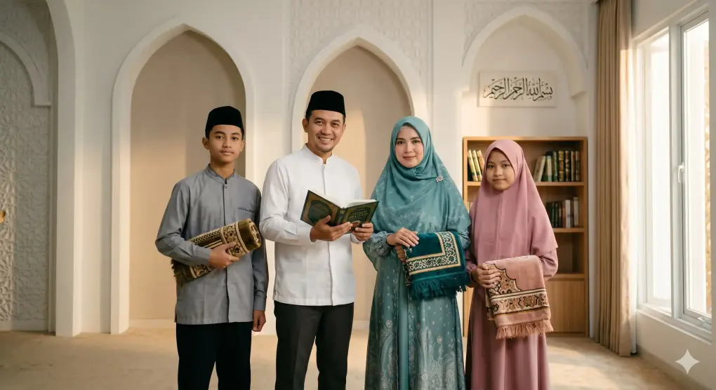 The Obligatory Conditions of Prayer: Islam, Baligh, Sanity, and Purity 1 Aesthetic photo of a Muslim family (father, mother, son, daughter) holding prayer mats and a Fiqh book in a modern mosque interior.