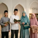 Syarat wajib shalat: Islam, Baligh, Berakal, dan Suci Sebuah gambar fitur yang menggambarkan satu keluarga Muslim yang utuh sedang bersiap untuk shalat, melambangkan terpenuhinya keempat syarat wajib shalat: Islam, baligh, berakal, dan suci.