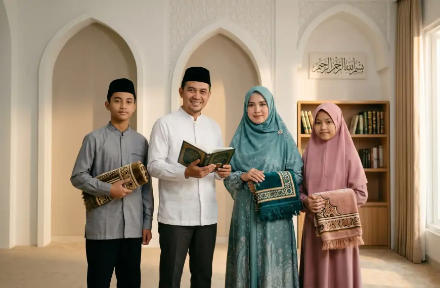 Kajian Fiqh Madzhab Syafi'i: Panduan Lengkap Hukum Islam, Doa, dan Tasawuf 25 Sebuah gambar fitur yang menggambarkan satu keluarga Muslim yang utuh sedang bersiap untuk shalat, melambangkan terpenuhinya keempat syarat wajib shalat: Islam, baligh, berakal, dan suci.