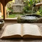 Classical fiqh book and pure water symbolizing the conditions for a valid ghusl intention.