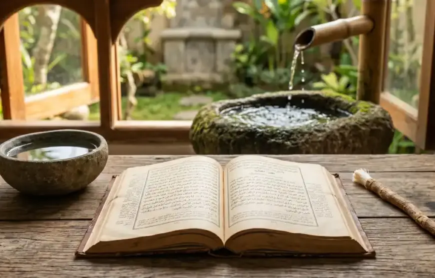 Classical fiqh book and pure water symbolizing the conditions for a valid ghusl intention.