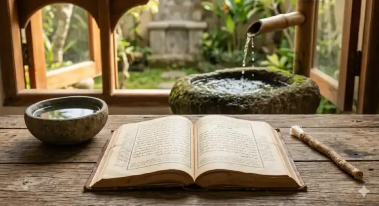 Kitab fikih klasik dan air suci yang melambangkan syarat sah mandi wajib.