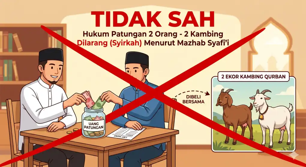 Patungan Qurban Sapi 7 Orang & Satu Kambing untuk Sekeluarga 4 Visualisasi hukum fikih Syafi'i dengan teks bahasa Indonesia yang melarang praktik percampuran kepemilikan dana (syirkah) untuk patungan kurban kambing.