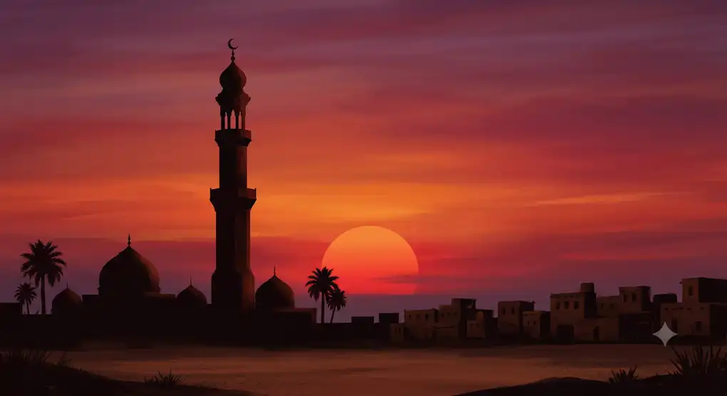 Illustration of a sunset as the marker for the end of Asr prayer time according to astronomy