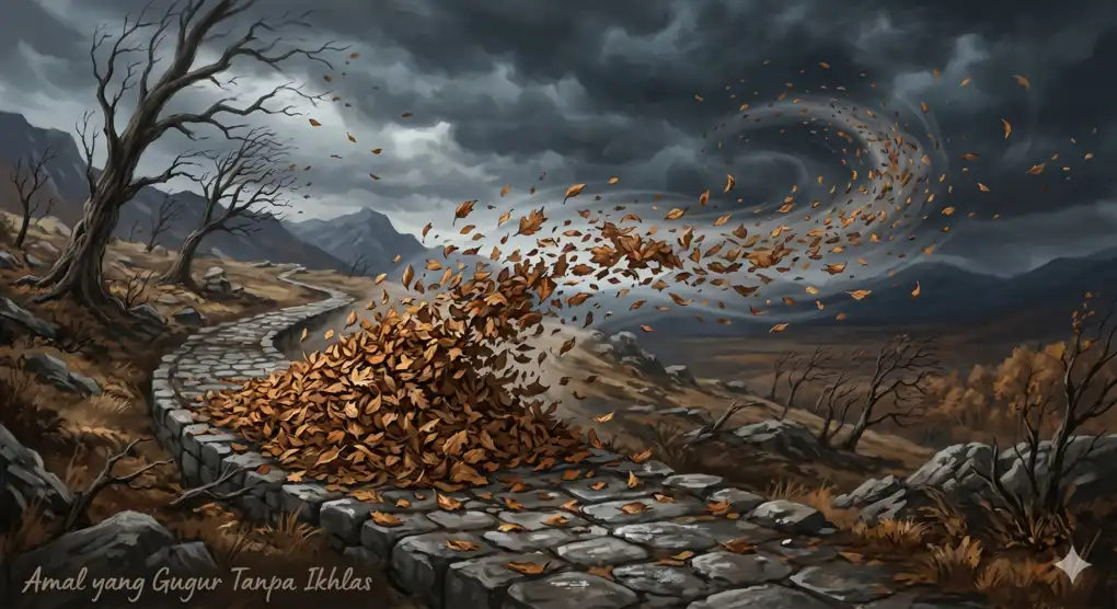 A natural landscape showing a pile of dry leaves scattered and completely swept away by strong winds on a cobblestone path.
