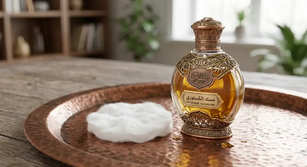 Sunnah-Sunnah Mandi Wajib Sesuai Anjuran Nabi: Panduan Tata Cara yang Benar 4 Close-up makro yang sangat detail dari botol misk kasturi elegan dan satu bantalan kapas putih di atas nampan tembaga berpalu.