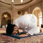 Illustration of a Muslim man establishing obligatory prayer devoutly inside a mosque environment, representing the practical guide to daily worship according to Islamic law.